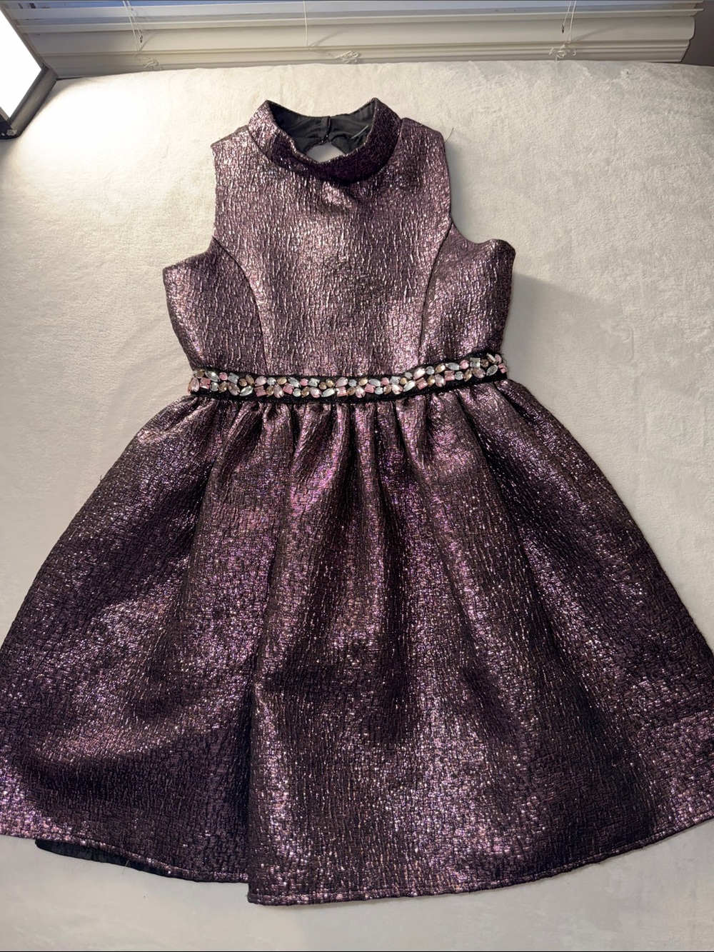Zunie Metallic Plum Jewel-Belted Formal Dress